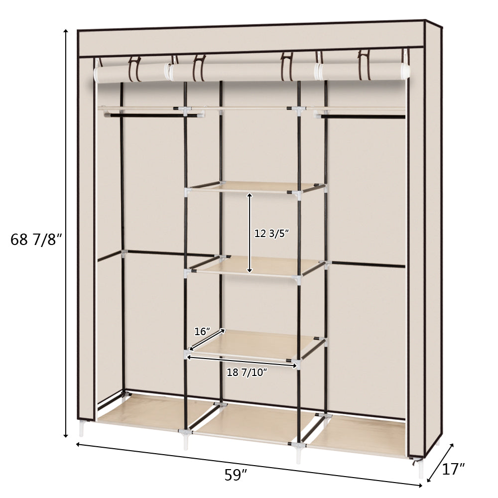 69" Portable Clothes Closet Non-Woven Fabric Wardrobe Double Rod Storage Organizer Beige