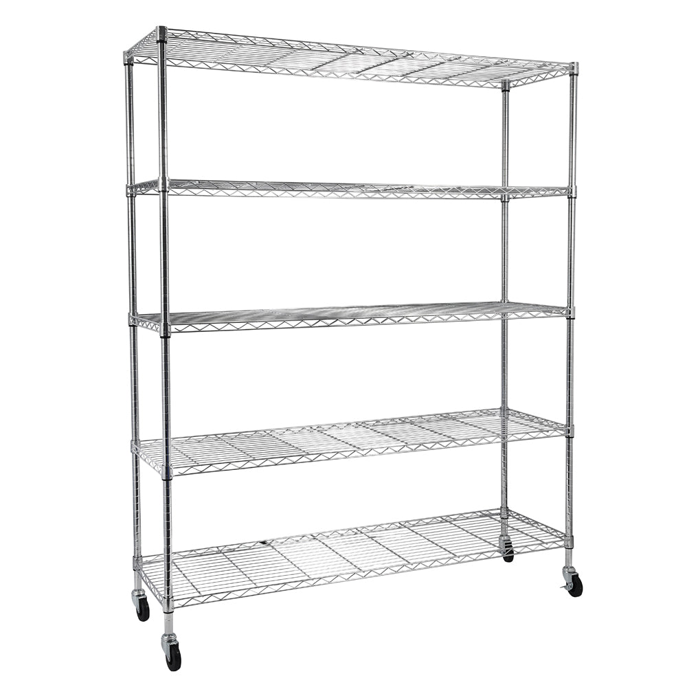 5-Tier NSF Heavy Duty Adjustable Storage Metal Rack with Wheels & Shelf Liners Ideal for Garage, Kitchen, and More - Chrome