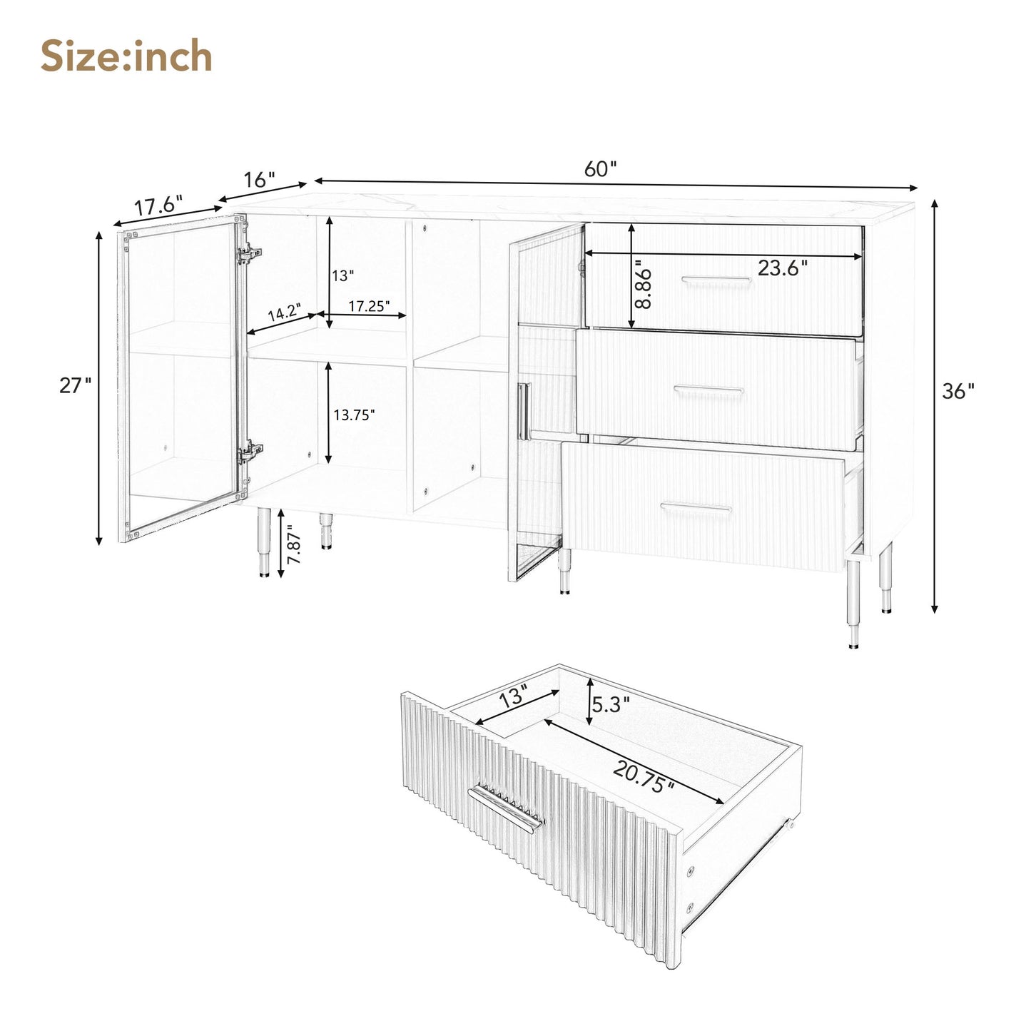 Modern Sideboard MDF Buffet Cabinet Marble Sticker Tabletop and Amber-yellow Tempered Glass Doors with Gold Metal Legs & Handles (Black)