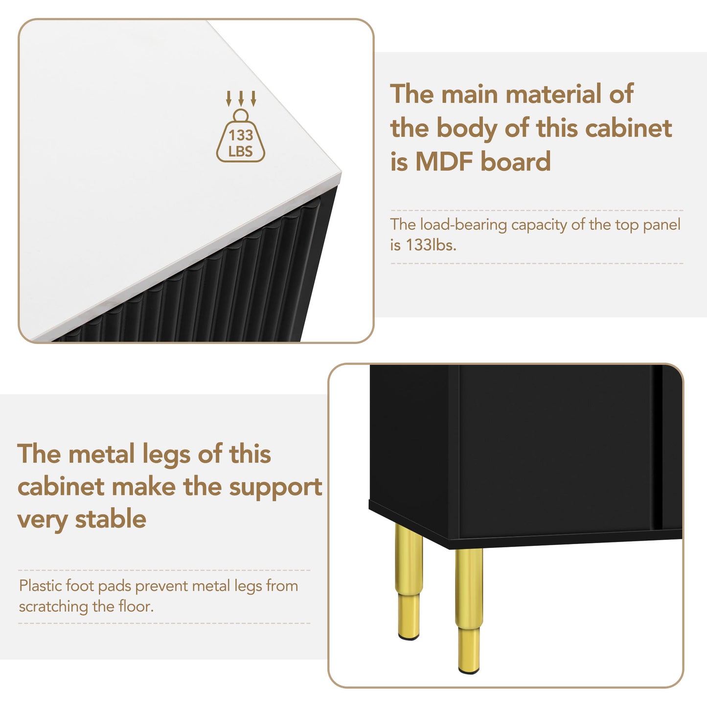 Modern Sideboard MDF Buffet Cabinet Marble Sticker Tabletop and Amber-yellow Tempered Glass Doors with Gold Metal Legs & Handles (Black)
