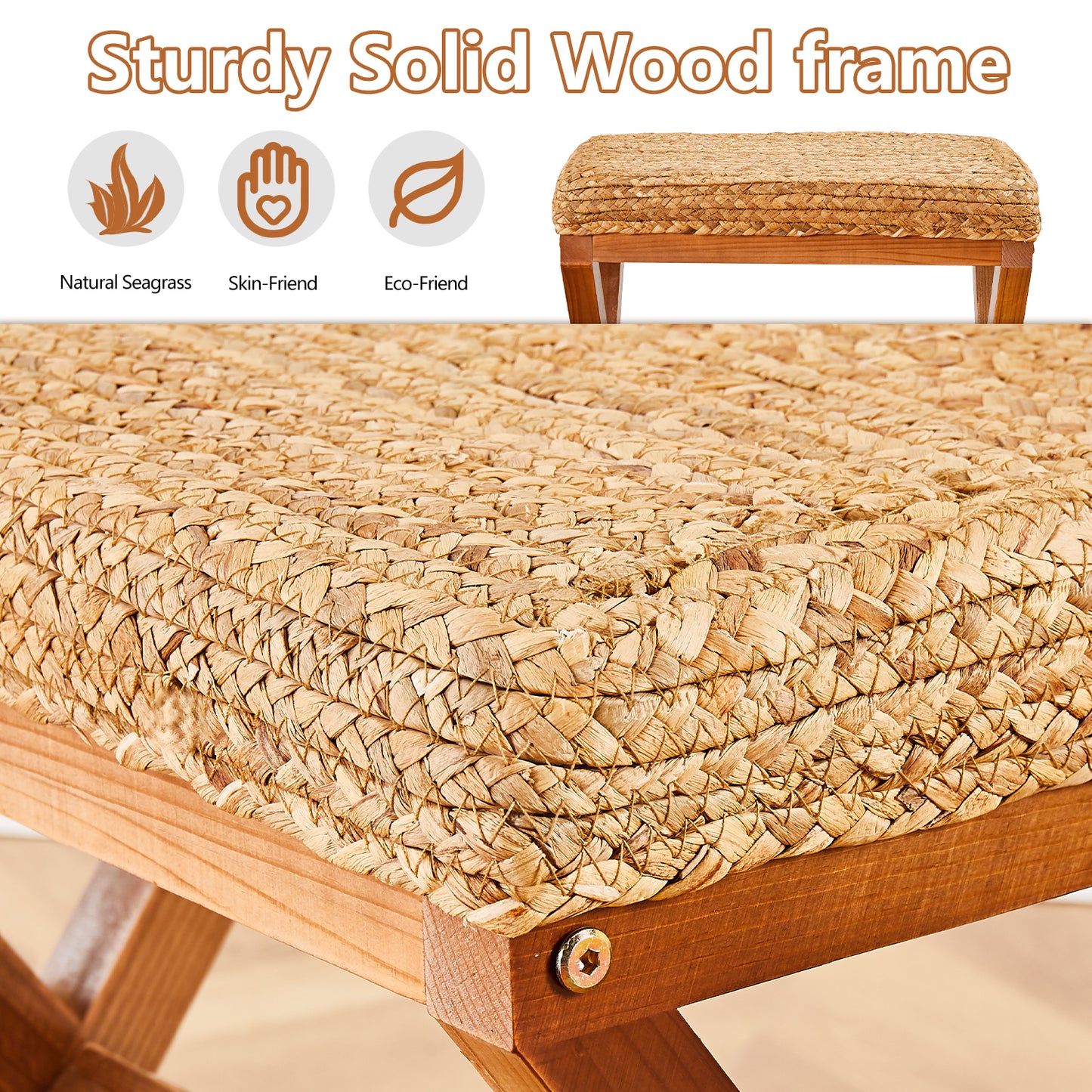 Ottoman Footstool Natural Seagrass Footrest Pouf Ottomans with X Wooden Legs Rectangular Hand Weaving Foot Rest for Living Room Patio Balcony 17 inch