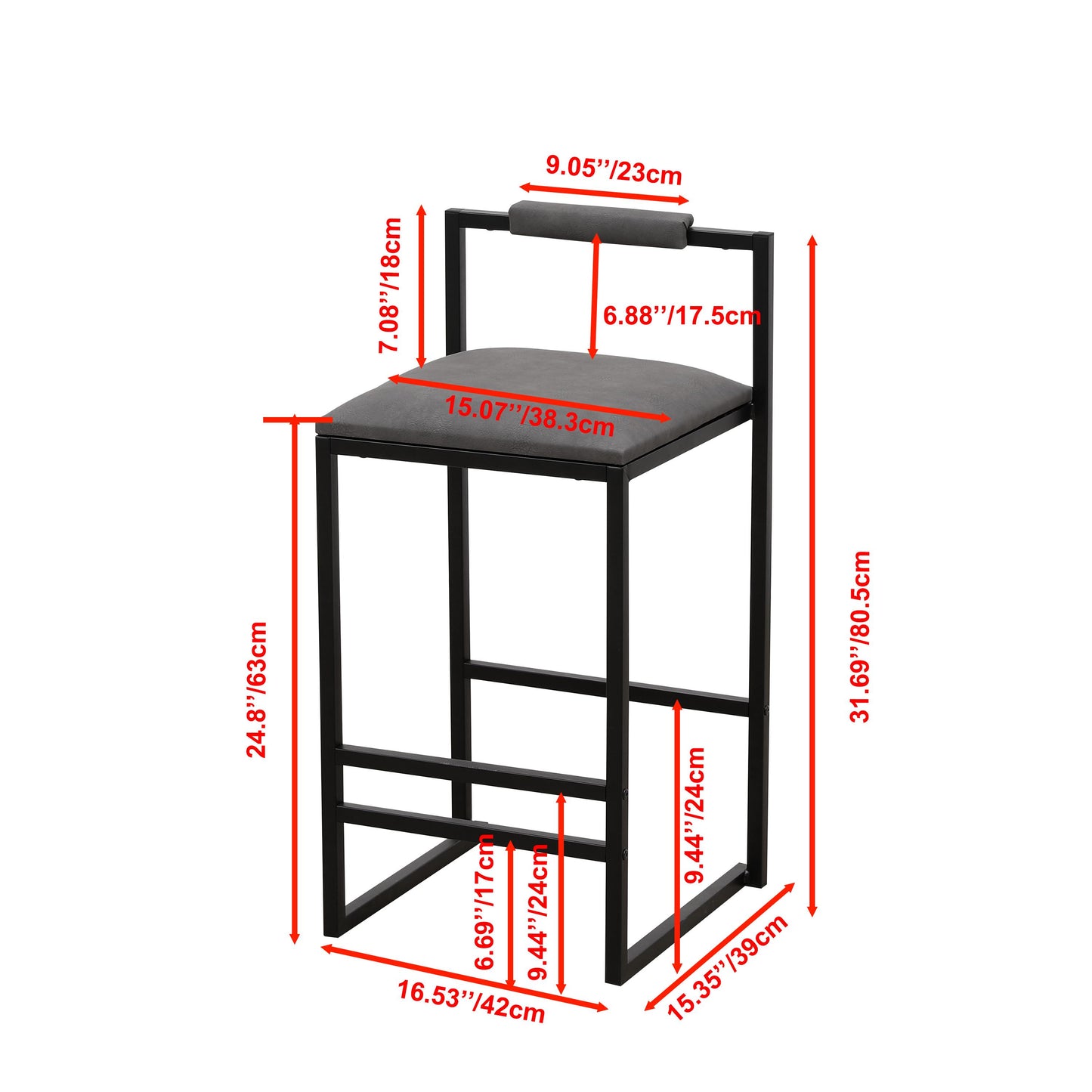 Set of 2 Counter Height Barstools Kitchen Island Stools with Back Modern Armless Metal Legs & PU Gray Upholstered Chairs (Gray with Back)