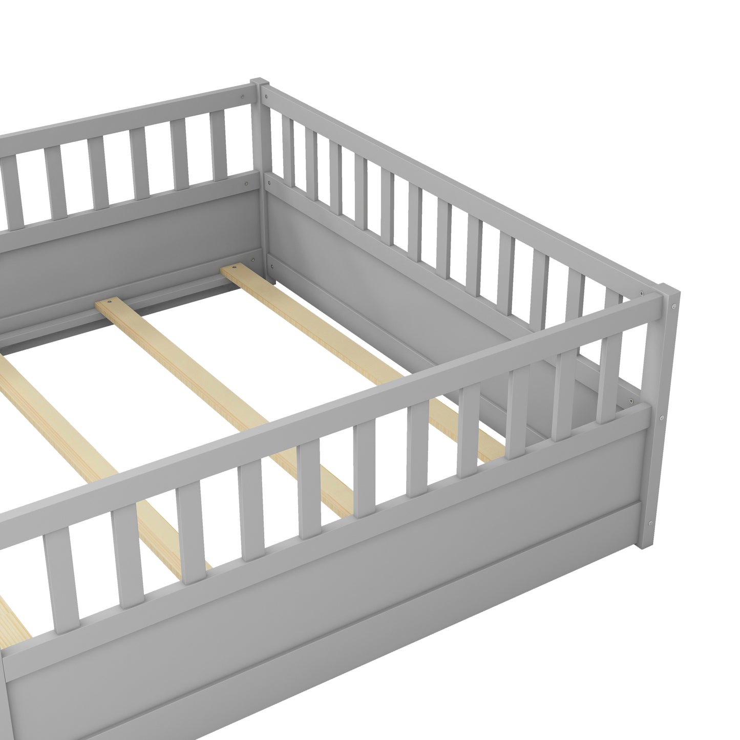 Full size Floor bed, integral construction with super high security barrier, door, children's floor bed frame, Montessori wooden children's floor bed, Support slat Grey