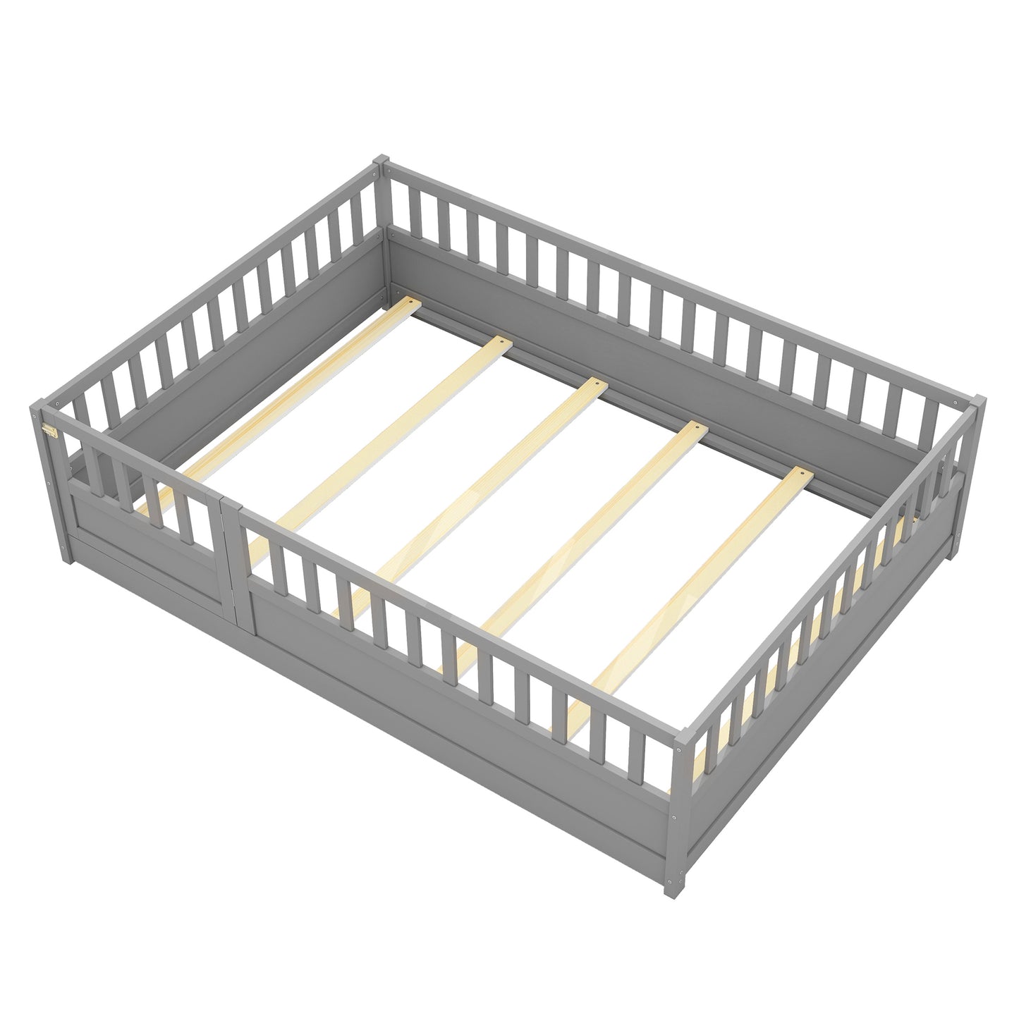Full size Floor bed, integral construction with super high security barrier, door, children's floor bed frame, Montessori wooden children's floor bed, Support slat Grey