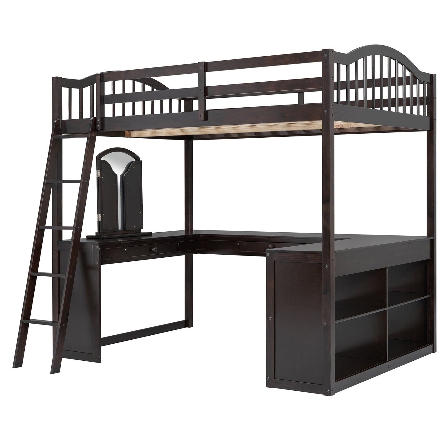 Full Wooden Loft Bed with U-shaped Desk,Storage Compartments and Tri-fold Mirror, Espresso