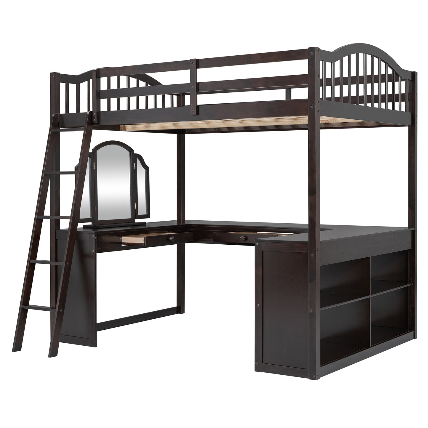 Full Wooden Loft Bed with U-shaped Desk,Storage Compartments and Tri-fold Mirror, Espresso