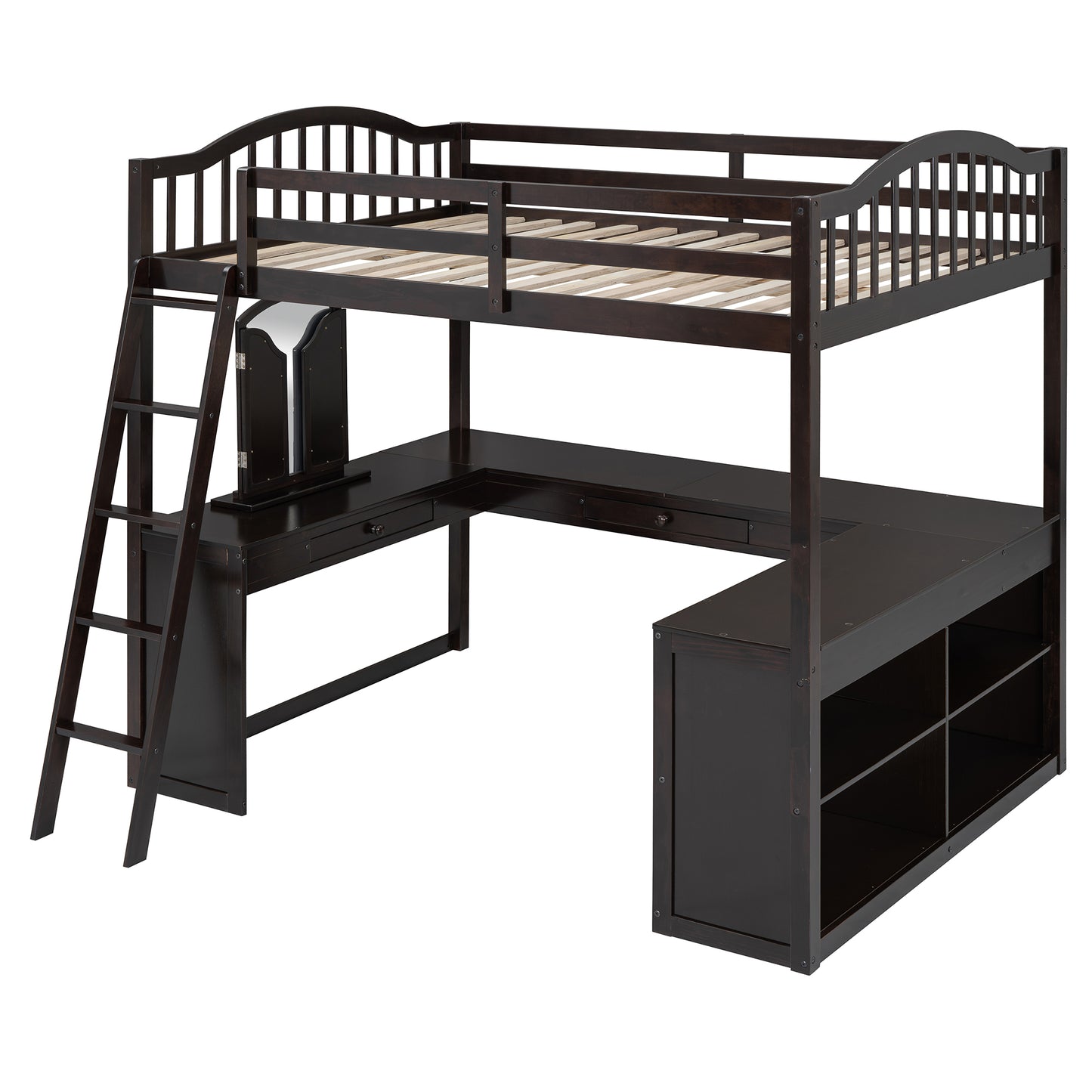 Full Wooden Loft Bed with U-shaped Desk,Storage Compartments and Tri-fold Mirror, Espresso