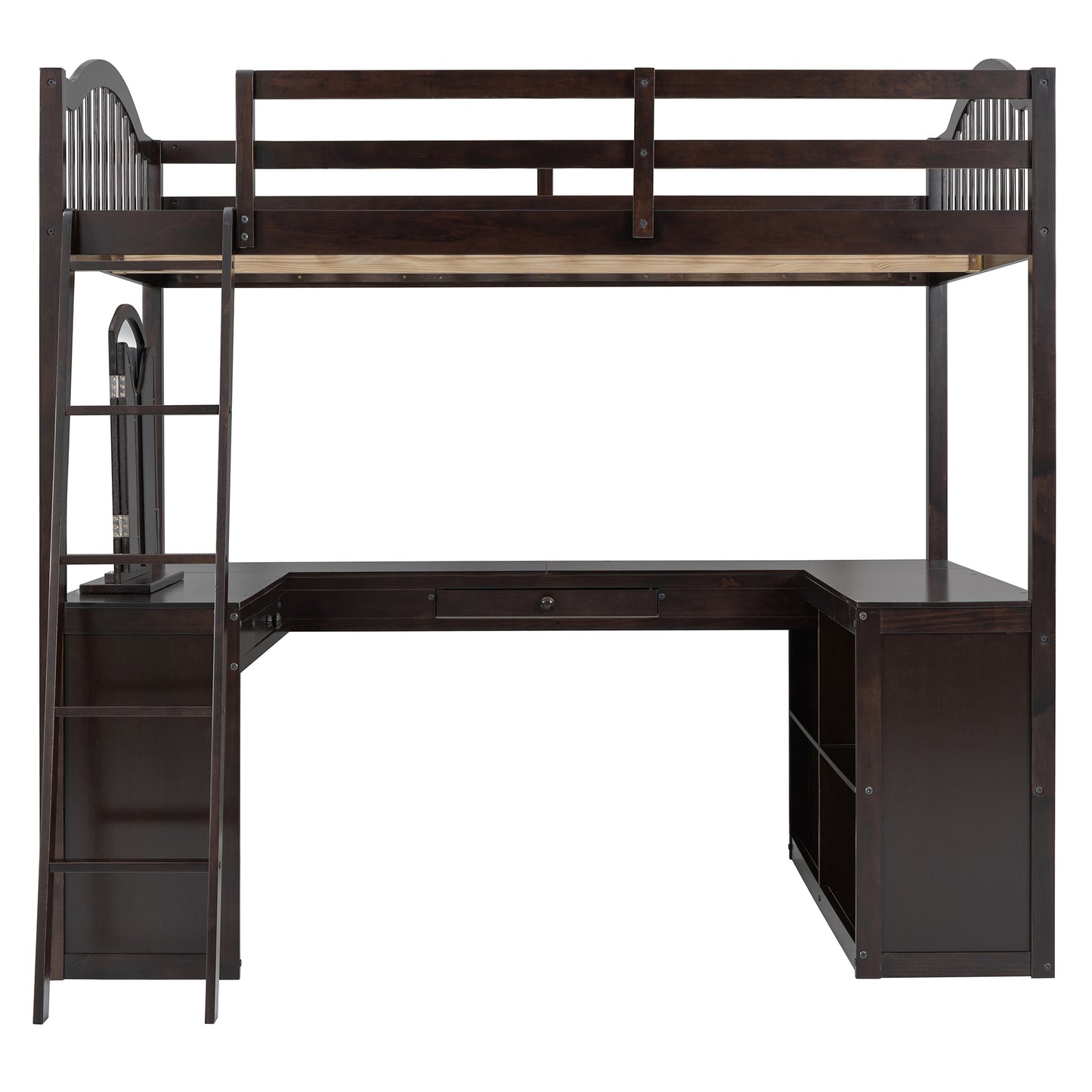 Full Wooden Loft Bed with U-shaped Desk,Storage Compartments and Tri-fold Mirror, Espresso