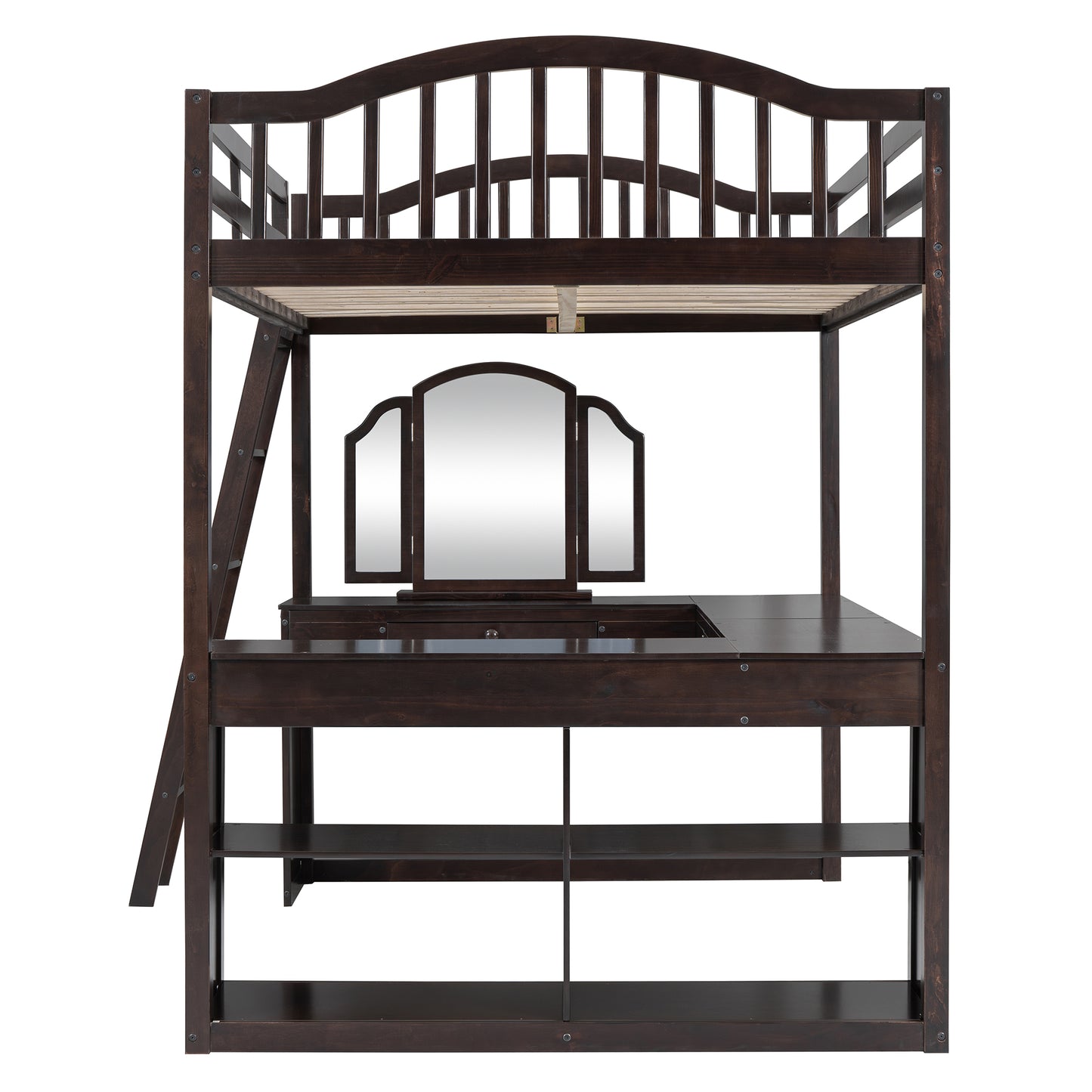 Full Wooden Loft Bed with U-shaped Desk,Storage Compartments and Tri-fold Mirror, Espresso