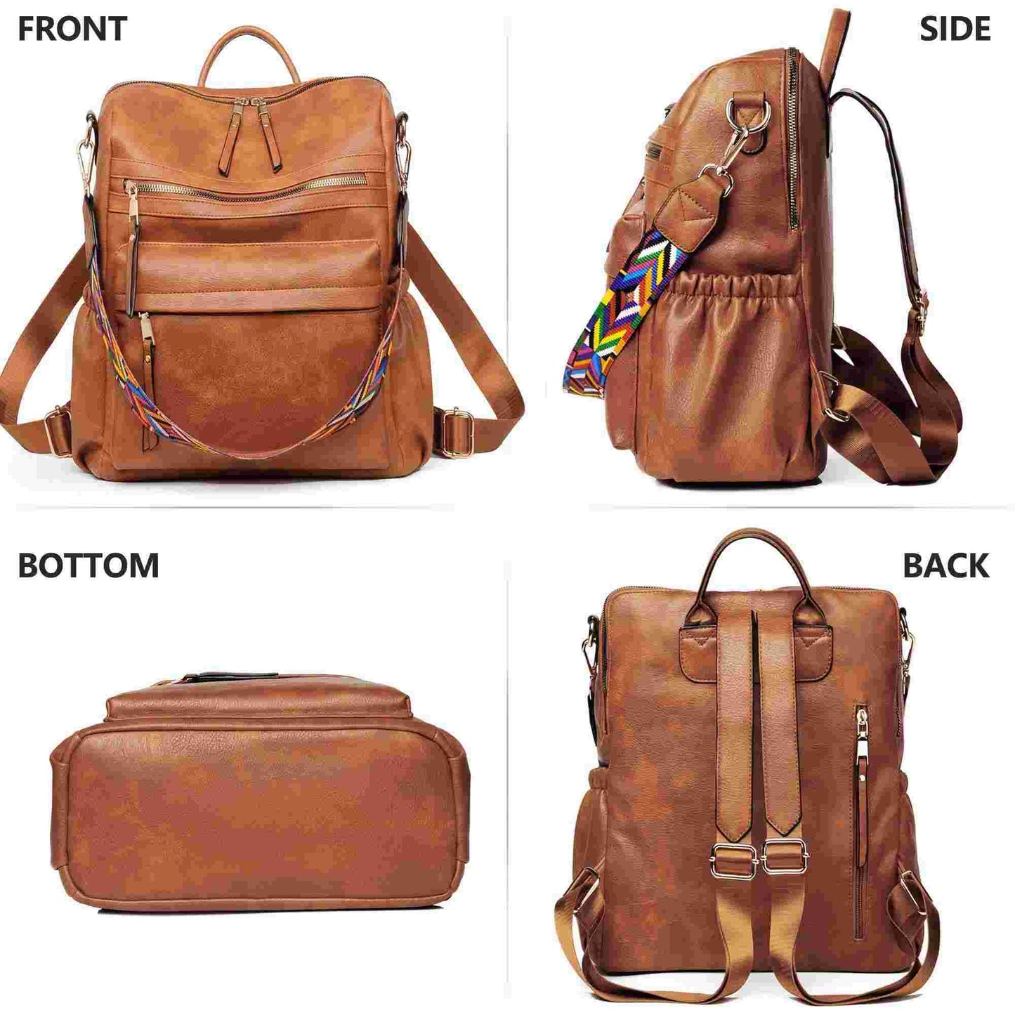 Backpack Purse for Women Fashion PU Leather Designer Anti-theft School Backpack Convertible Shoulder Bags Brown (Ship from Walmart WFS)