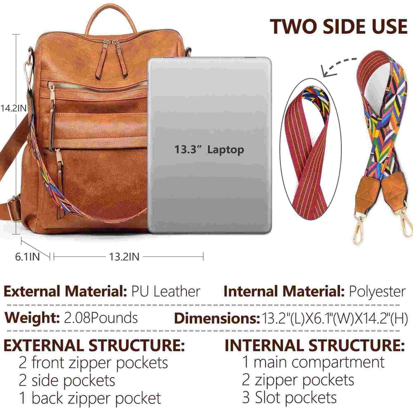 Backpack Purse for Women Fashion PU Leather Designer Anti-theft School Backpack Convertible Shoulder Bags Brown (Ship from Walmart WFS)