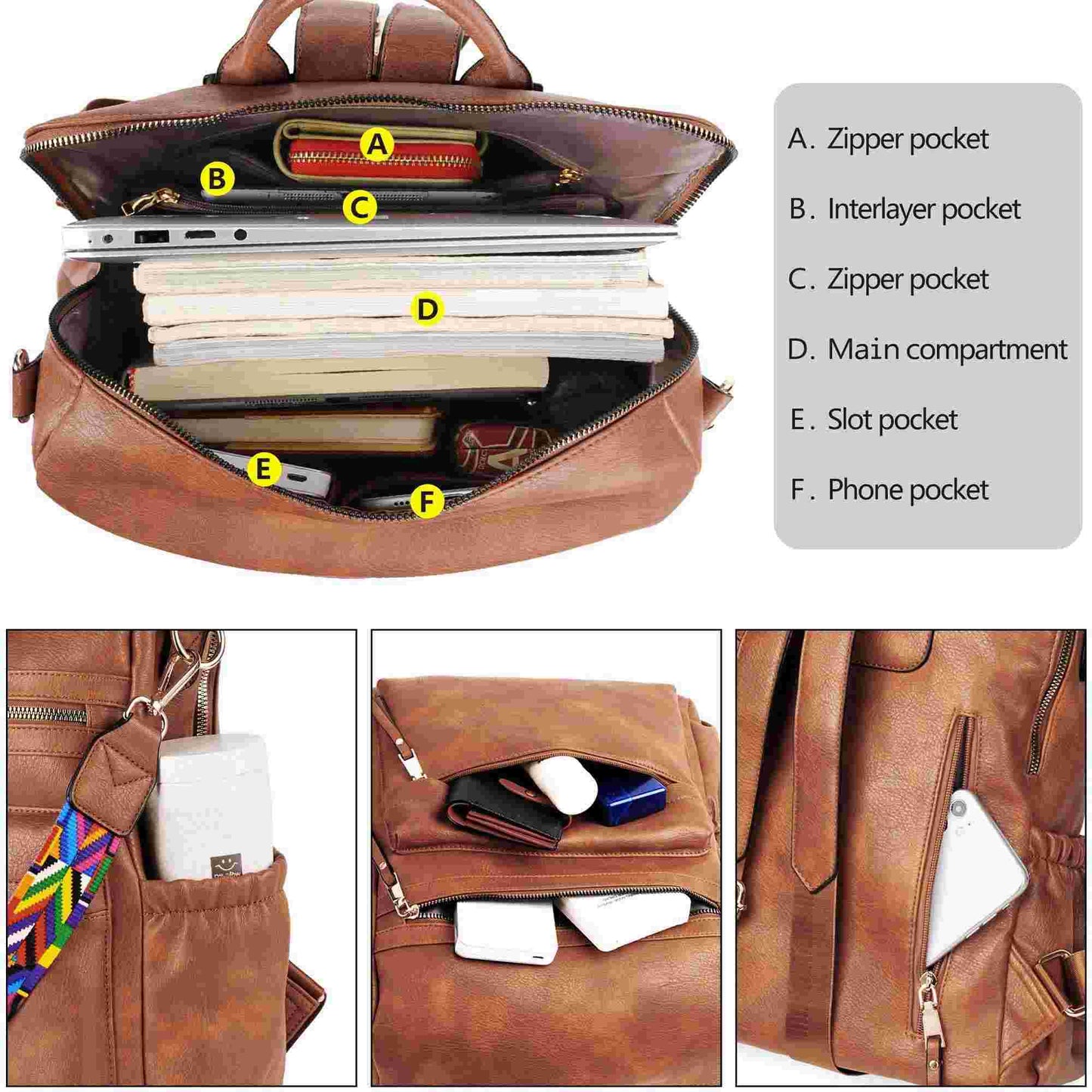 Backpack Purse for Women Fashion PU Leather Designer Anti-theft School Backpack Convertible Shoulder Bags Brown (Ship from Walmart WFS)