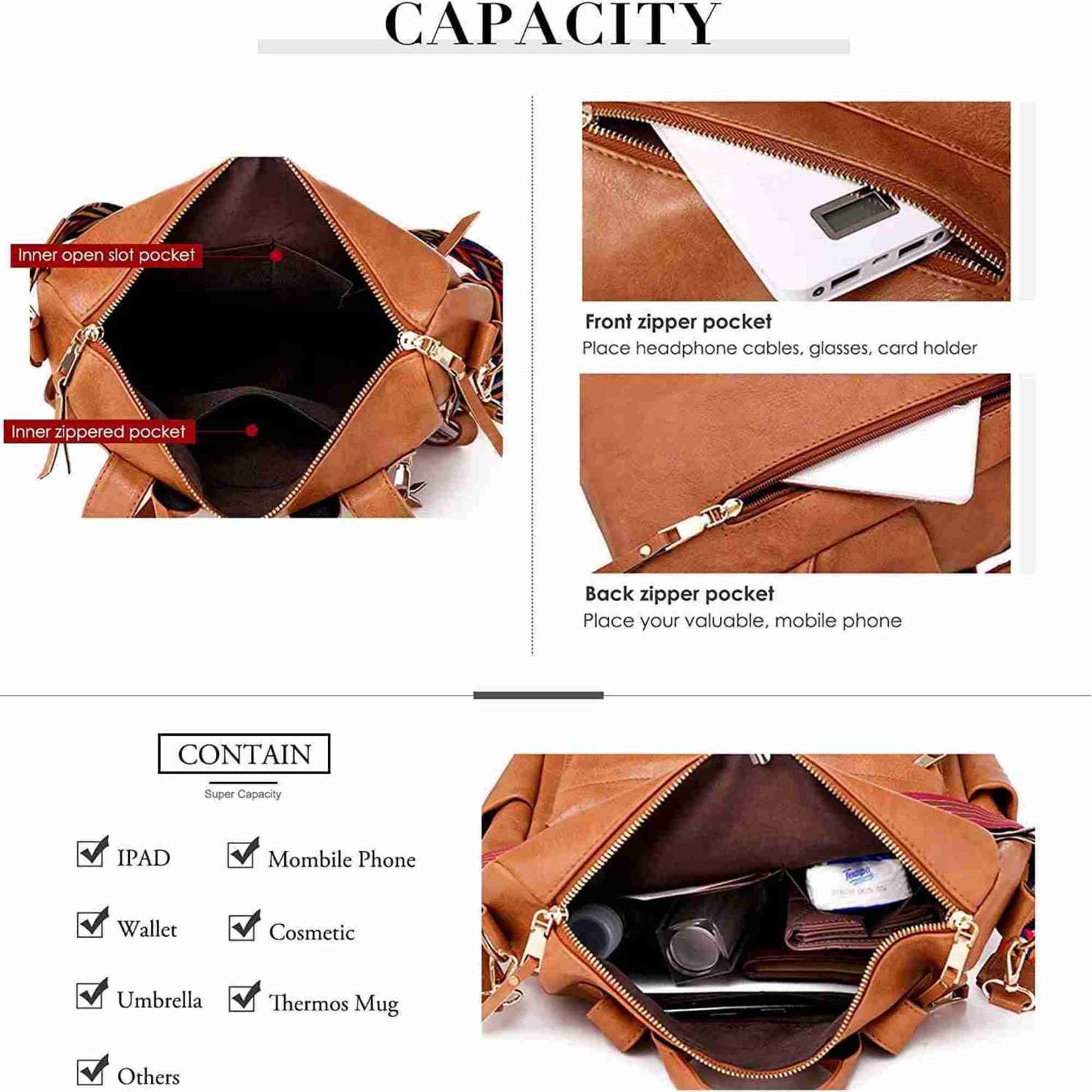 Backpack Purse for Women Fashion PU Leather Designer Anti-theft School Backpack Convertible Shoulder Bags Brown (Ship from Walmart WFS)