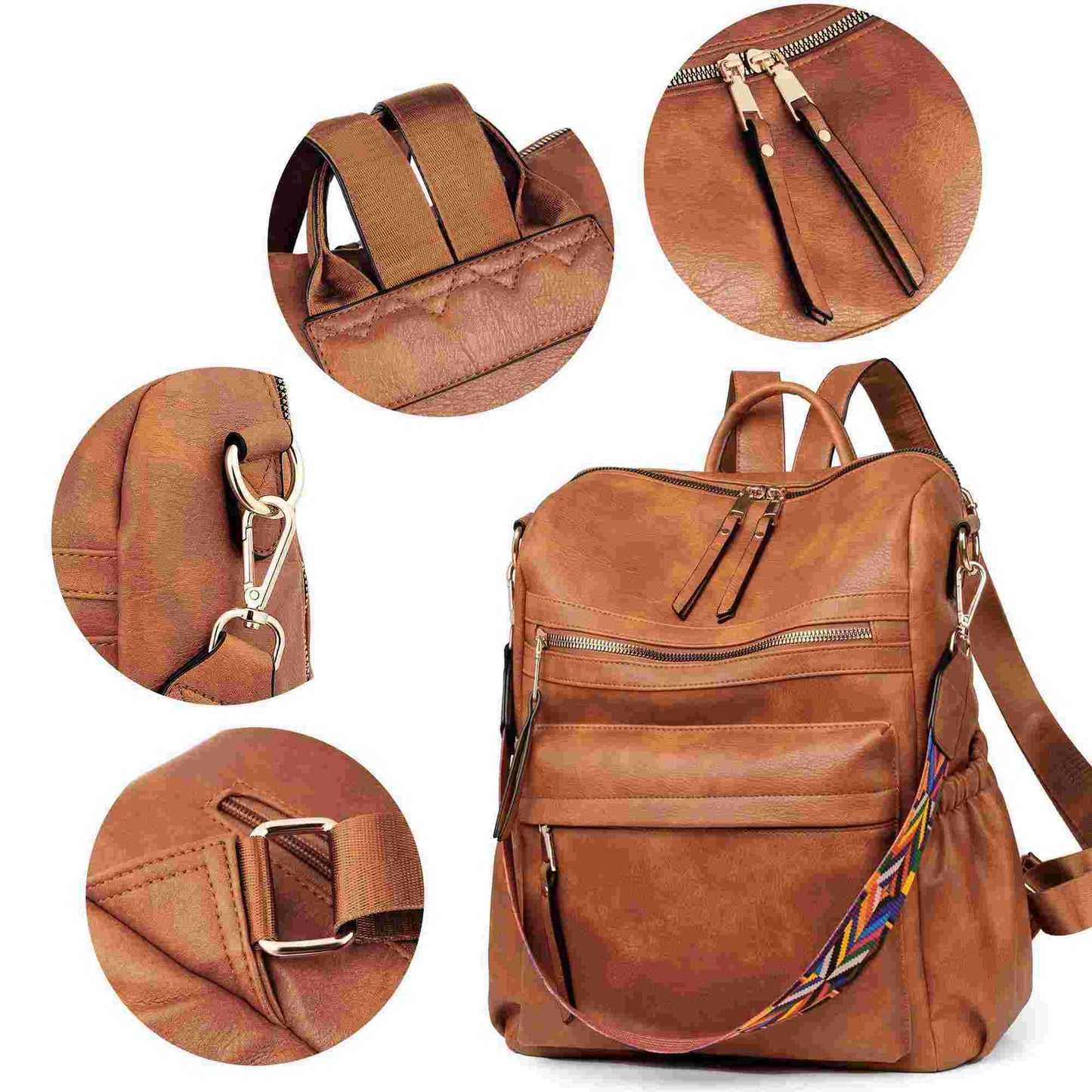 Backpack Purse for Women Fashion PU Leather Designer Anti-theft School Backpack Convertible Shoulder Bags Brown (Ship from Walmart WFS)