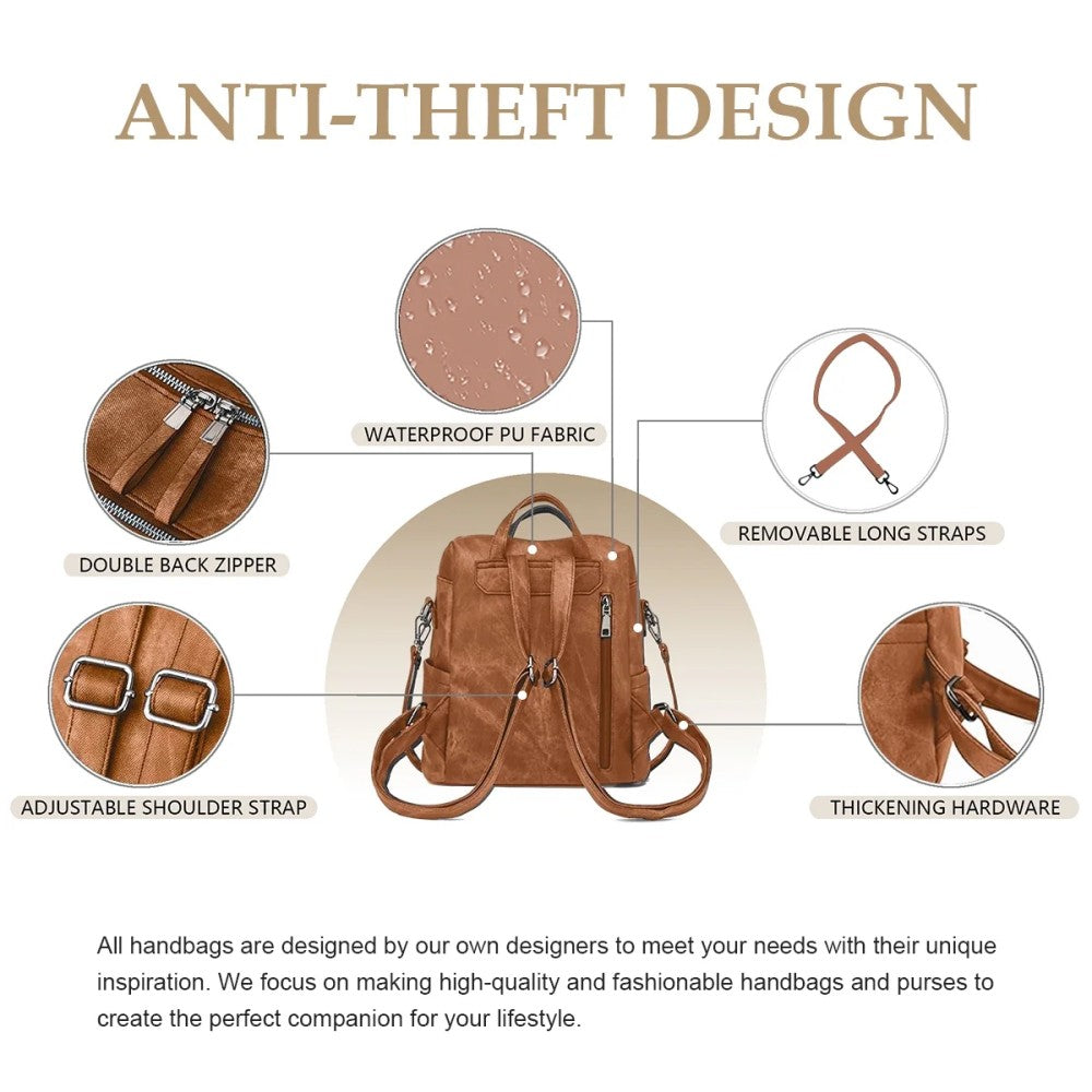 Backpack Purse for Womens, Waterproof PU Leather Backpacks Handbags, Ladies Casual Shoulder Bags Brown(No shipment on weekends)