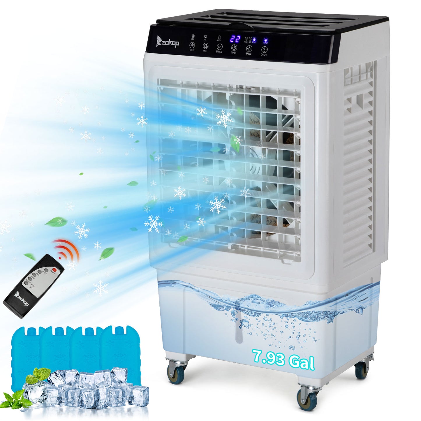 -3 in 1 Portable Evaporative Cooler,Indoor,Outdoor,2353CFM Personal Air Cooler with remote ,7.93 Gal Large Water Tank & Scroll Casters, 4 Ice Packs,White