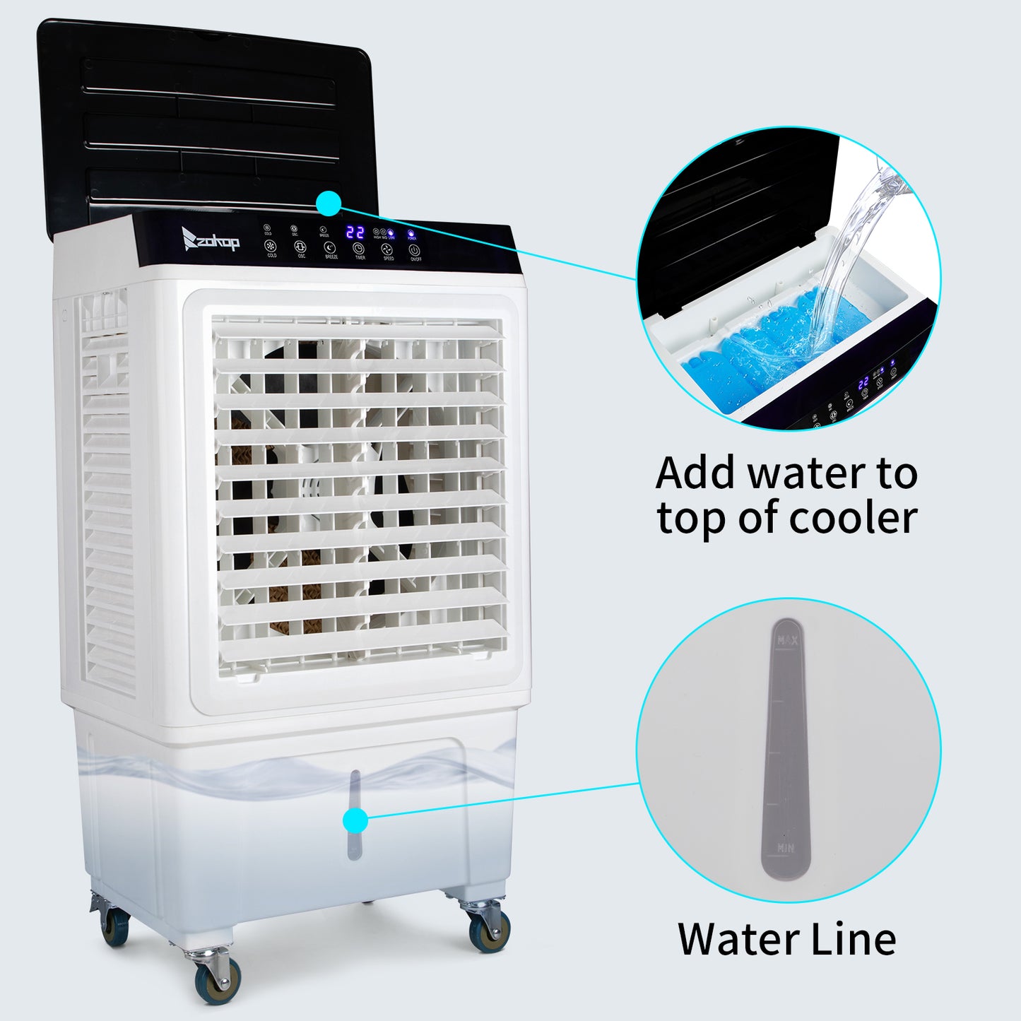 -3 in 1 Portable Evaporative Cooler,Indoor,Outdoor,2353CFM Personal Air Cooler with remote ,7.93 Gal Large Water Tank & Scroll Casters, 4 Ice Packs,White