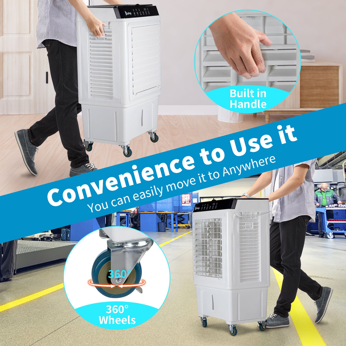 -3 in 1 Portable Evaporative Cooler,Indoor,Outdoor,2353CFM Personal Air Cooler with remote ,7.93 Gal Large Water Tank & Scroll Casters, 4 Ice Packs,White