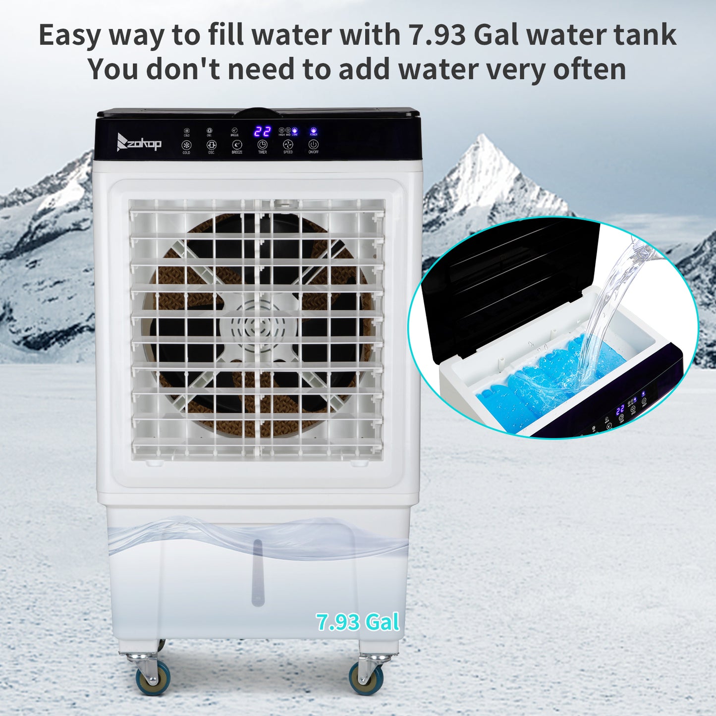 -3 in 1 Portable Evaporative Cooler,Indoor,Outdoor,2353CFM Personal Air Cooler with remote ,7.93 Gal Large Water Tank & Scroll Casters, 4 Ice Packs,White