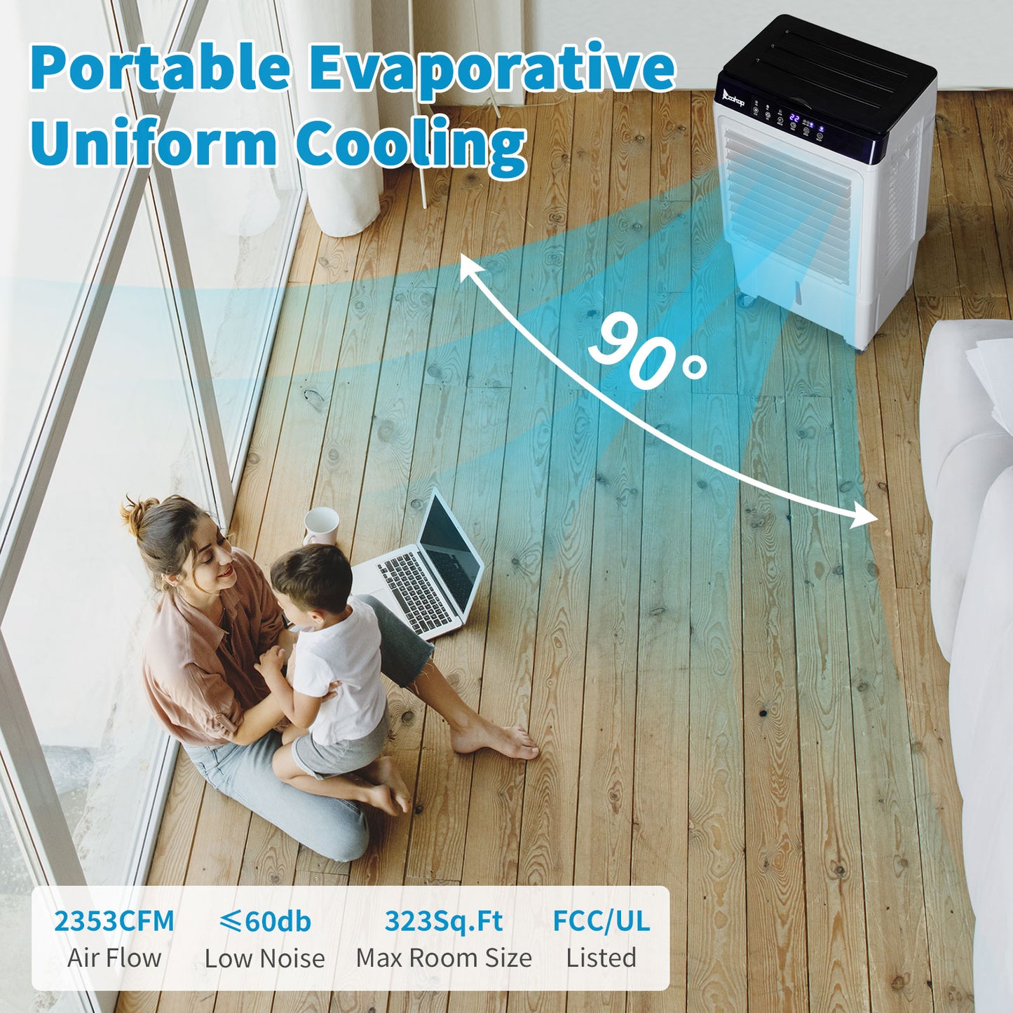 -3 in 1 Portable Evaporative Cooler,Indoor,Outdoor,2353CFM Personal Air Cooler with remote ,7.93 Gal Large Water Tank & Scroll Casters, 4 Ice Packs,White