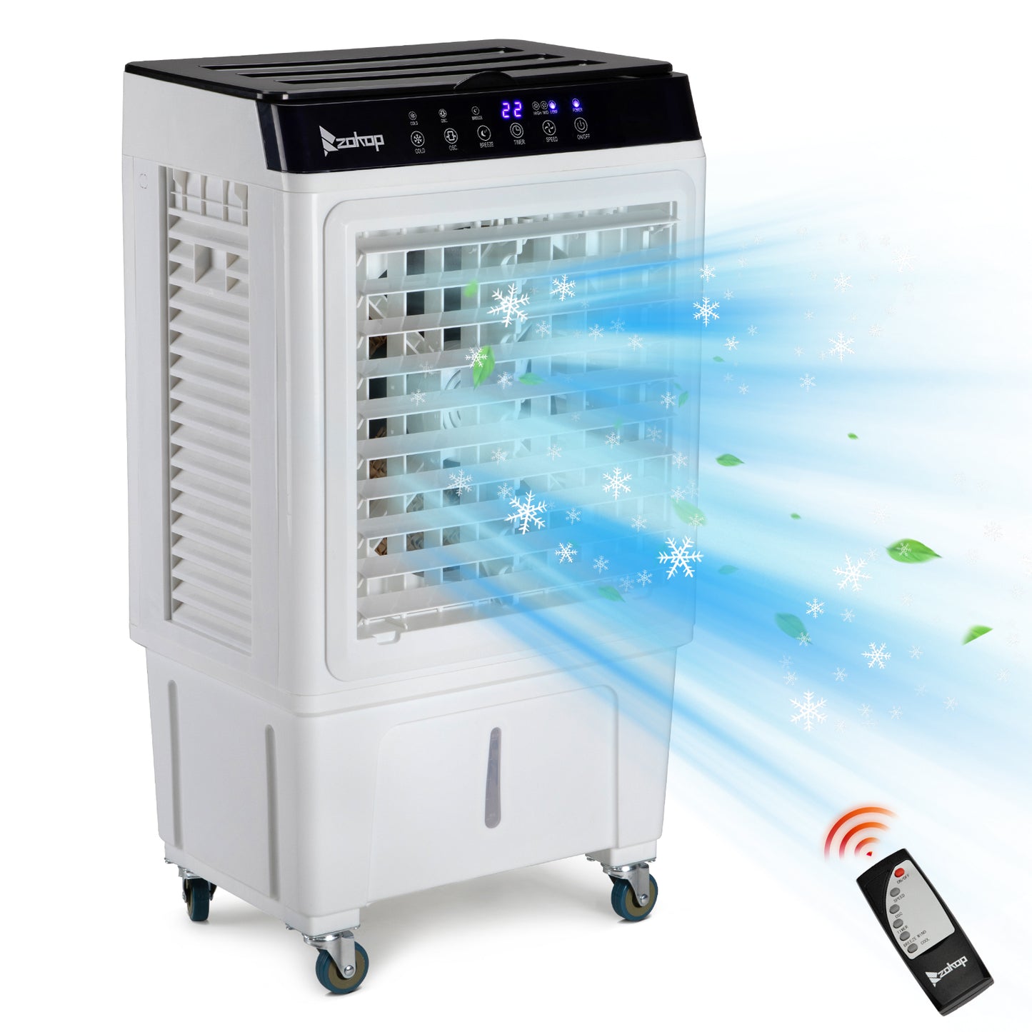 -3 in 1 Portable Evaporative Cooler,Indoor,Outdoor,2353CFM Personal Air Cooler with remote ,7.93 Gal Large Water Tank & Scroll Casters, 4 Ice Packs,White