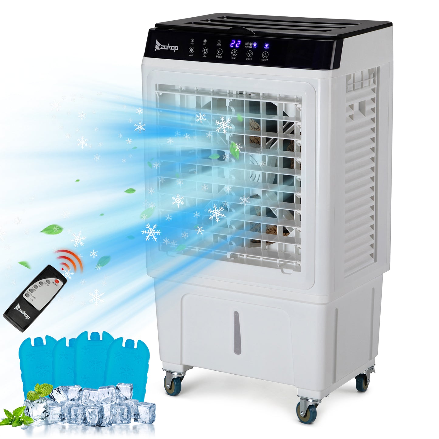 -3 in 1 Portable Evaporative Cooler,Indoor,Outdoor,2353CFM Personal Air Cooler with remote ,7.93 Gal Large Water Tank & Scroll Casters, 4 Ice Packs,White