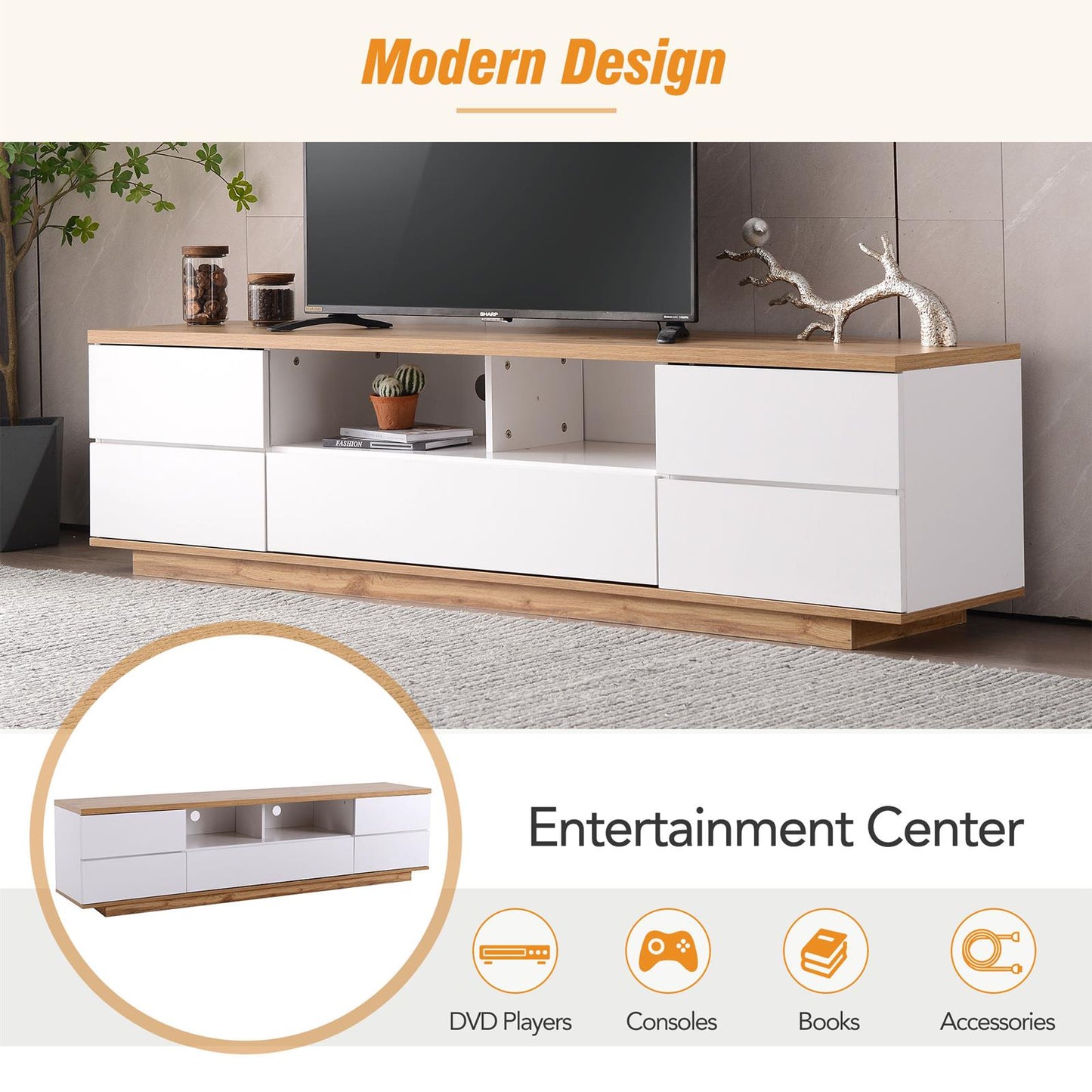 Modern TV stand for TVs up to 80'' , Media Console with Multi-Functional Storage, Entertainment Center with Door Rebound Device, TV cabinet for living room,Bedroom