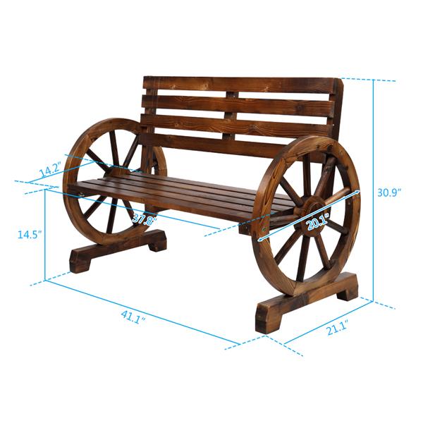 Rustic 2-Person Wooden Wagon Wheel Bench with Slatted Seat and Backrest, Brown
