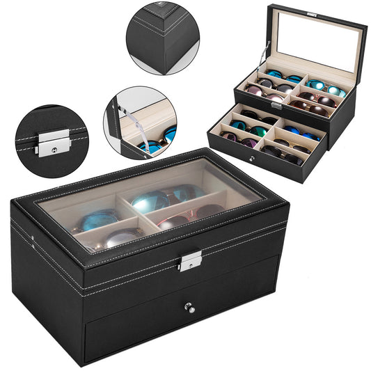 Leather 12 Piece Eyeglasses Storage and Sunglass Glasses Display Drawer Lockable Case Organizer Black