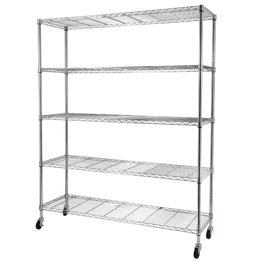 5-Tier NSF Heavy Duty Adjustable Storage Metal Rack with Wheels & Shelf Liners Ideal for Garage, Kitchen, and More - Chrome
