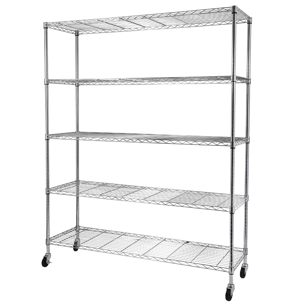 5-Tier NSF Heavy Duty Adjustable Storage Metal Rack with Wheels & Shelf Liners Ideal for Garage, Kitchen, and More - Chrome
