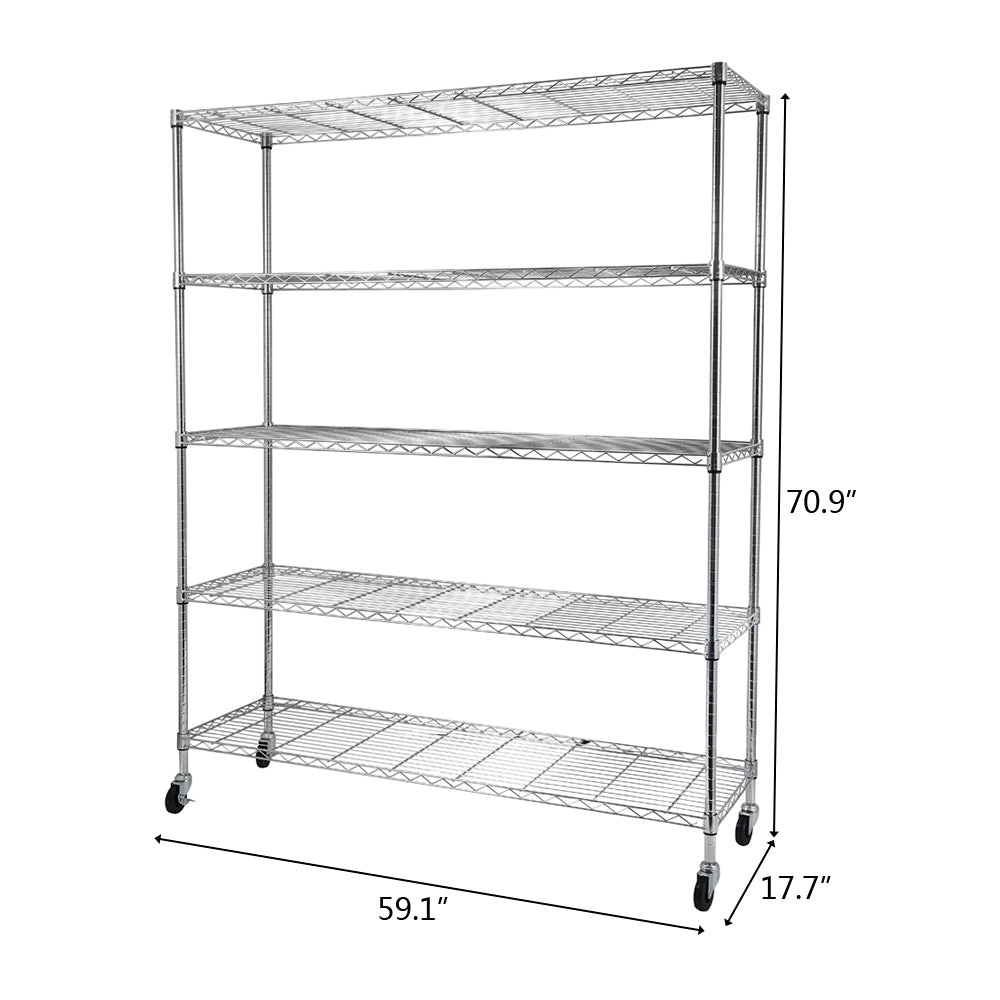 5-Tier NSF Heavy Duty Adjustable Storage Metal Rack with Wheels & Shelf Liners Ideal for Garage, Kitchen, and More - Chrome