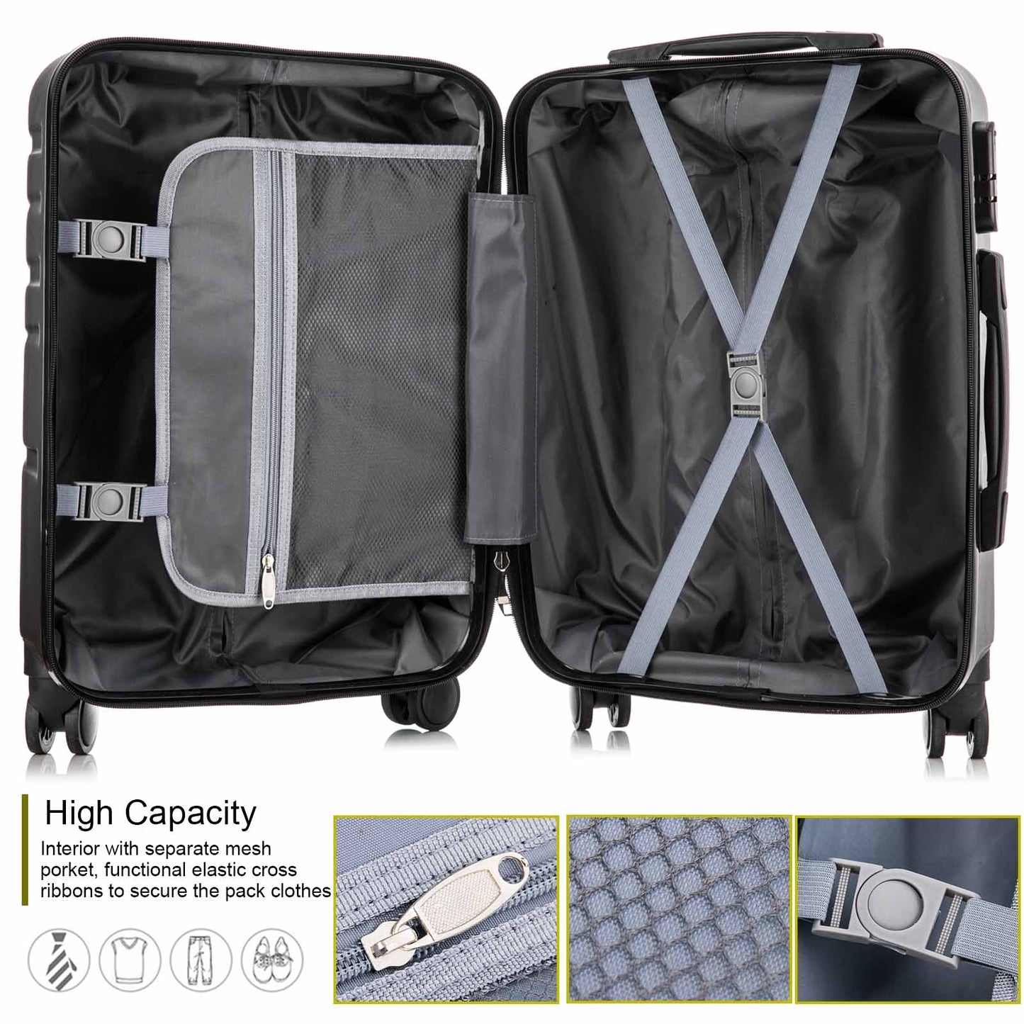 4 Piece Set Luggage Sets Suitcase ABS Hardshell Lightweight Spinner Wheels Black