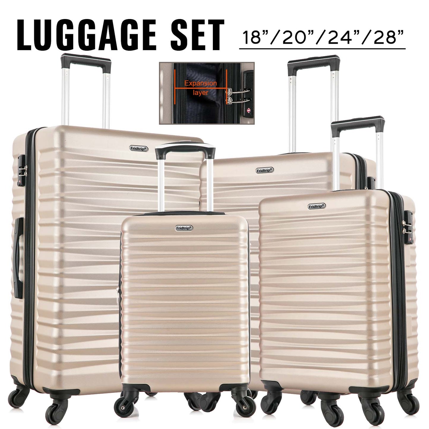 Expandable Hardshell Luggage Sets Suitcase ABS Lightweight with Spinner Wheels TSA Lock Champagne Gold