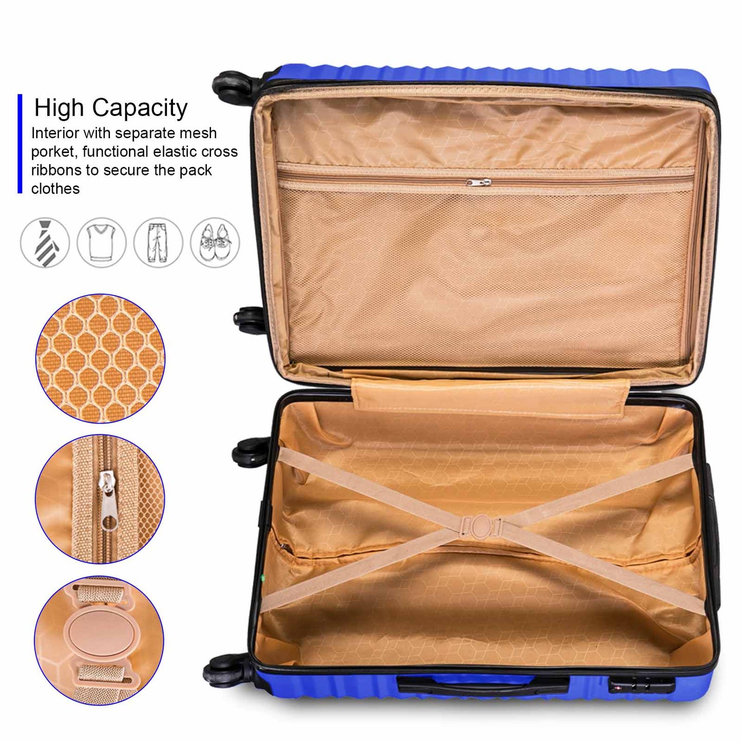 Expandable Hardshell Luggage Sets Suitcases ABS Lightweight with Spinner Wheels TSA Lock Blue