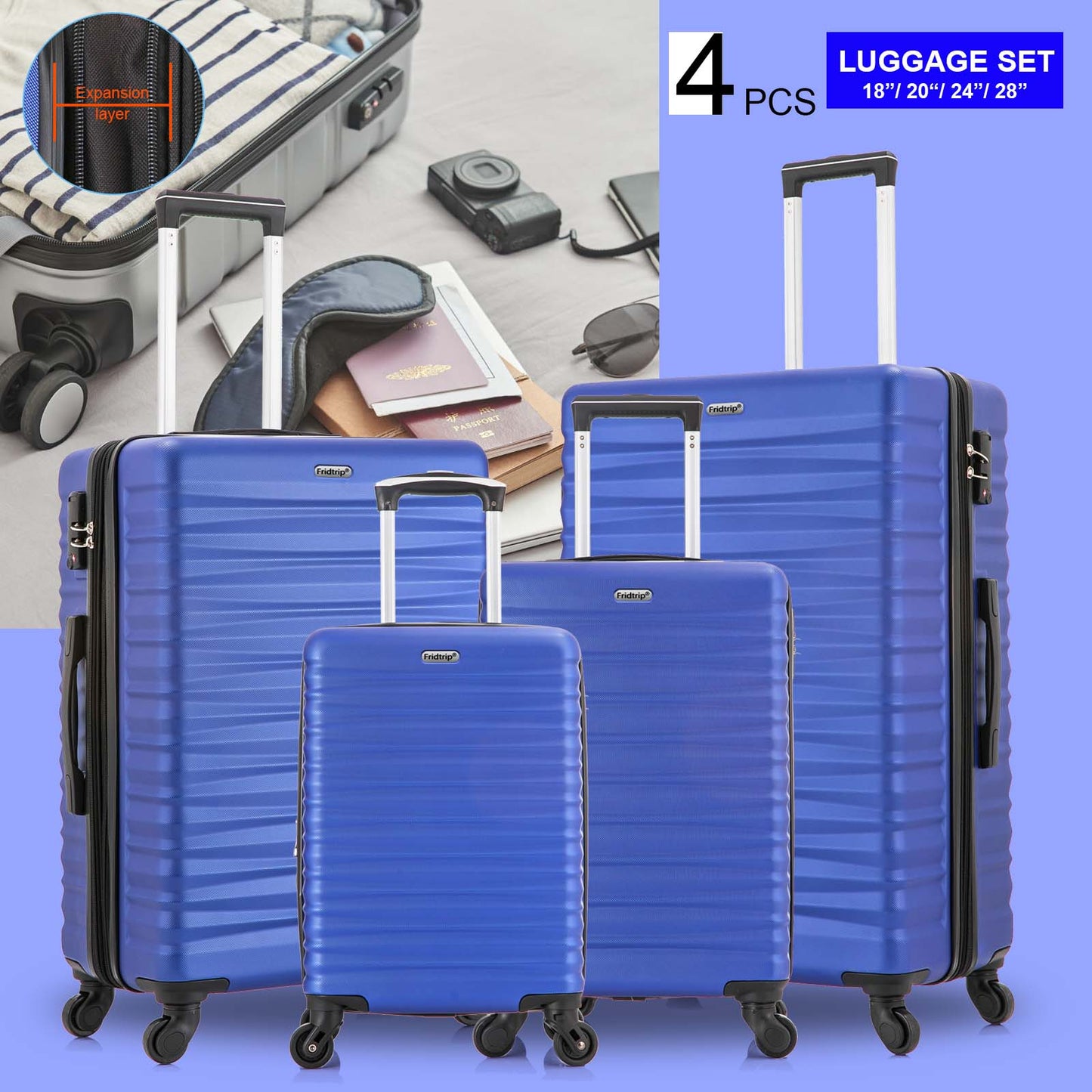 Expandable Hardshell Luggage Sets Suitcases ABS Lightweight with Spinner Wheels TSA Lock Blue