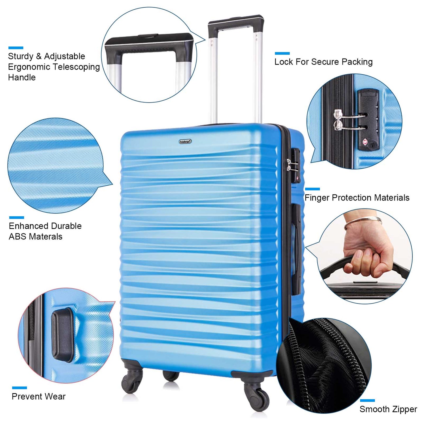 Hardshell Luggage Sets Suitcase ABS Lightweight with Spinner Wheels and TSA Lock Blue