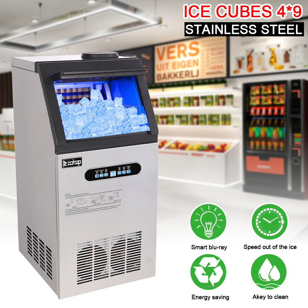 ZK-110 120V 240W 110lbs/50kg/24h Ice Maker Stainless Steel Transparent Frosted Lid/Display/4*9 Aluminum Ice Tray Commercial Silver
