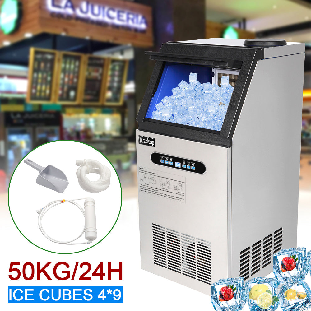 ZK-110 120V 240W 110lbs/50kg/24h Ice Maker Stainless Steel Transparent Frosted Lid/Display/4*9 Aluminum Ice Tray Commercial Silver