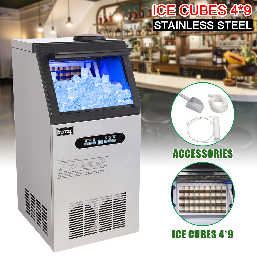 ZK-110 120V 240W 110lbs/50kg/24h Ice Maker Stainless Steel Transparent Frosted Lid/Display/4*9 Aluminum Ice Tray Commercial Silver