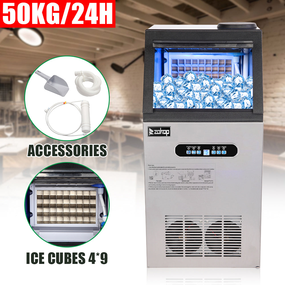 ZK-110 120V 240W 110lbs/50kg/24h Ice Maker Stainless Steel Transparent Frosted Lid/Display/4*9 Aluminum Ice Tray Commercial Silver