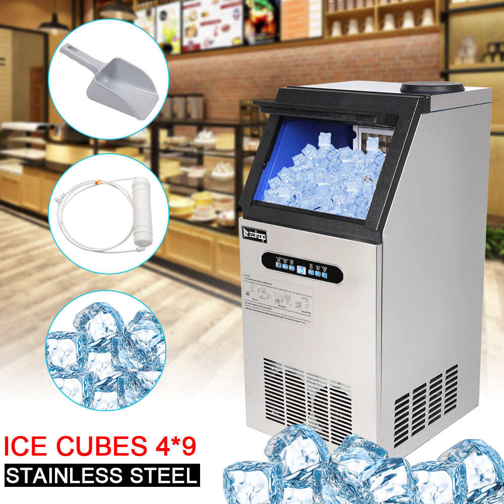 ZK-110 120V 240W 110lbs/50kg/24h Ice Maker Stainless Steel Transparent Frosted Lid/Display/4*9 Aluminum Ice Tray Commercial Silver