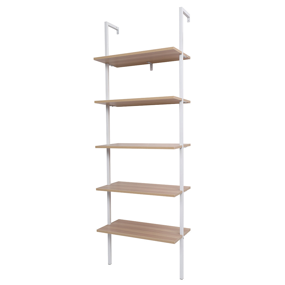5-Shelf Wood Ladder Bookcase with Metal Frame, Industrial 5-Tier Modern Ladder Shelf Wood Shelves,Walnut