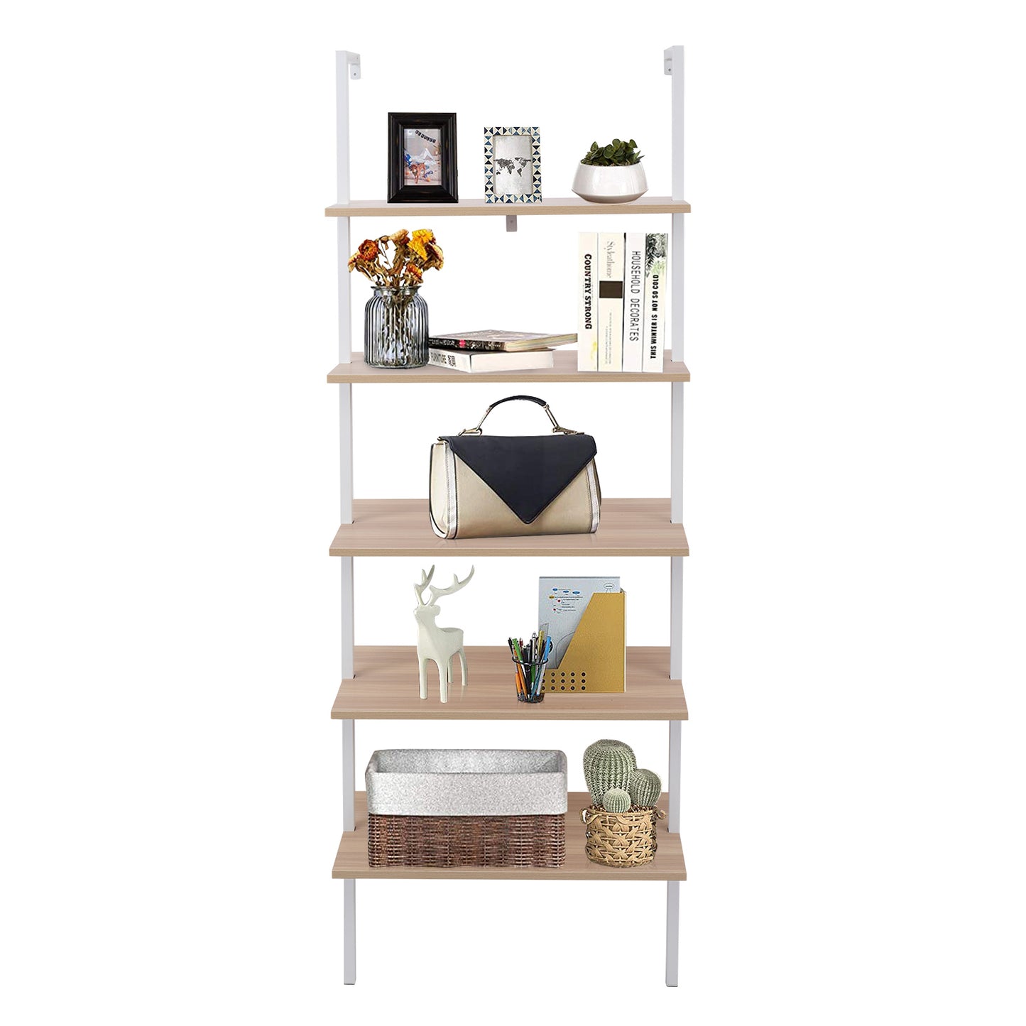 5-Shelf Wood Ladder Bookcase with Metal Frame, Industrial 5-Tier Modern Ladder Shelf Wood Shelves,Walnut
