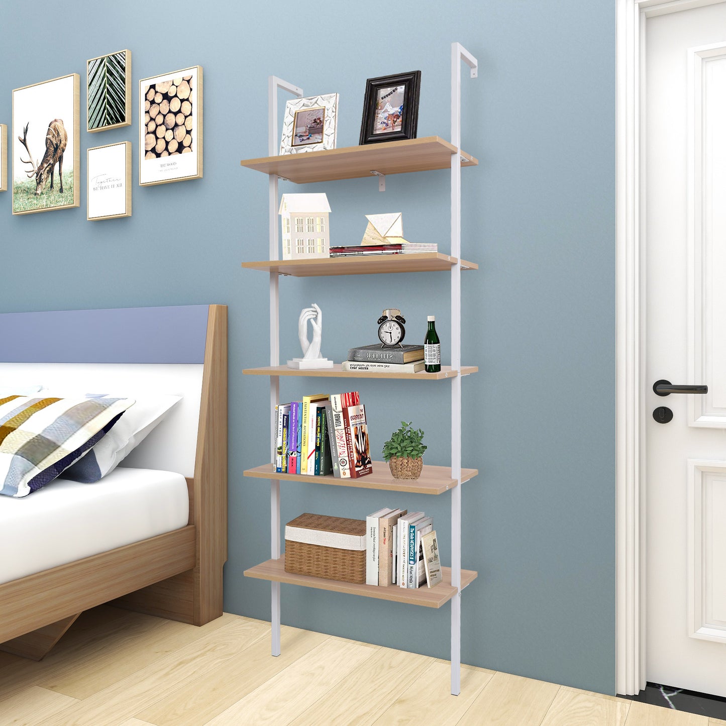 5-Shelf Wood Ladder Bookcase with Metal Frame, Industrial 5-Tier Modern Ladder Shelf Wood Shelves,Walnut
