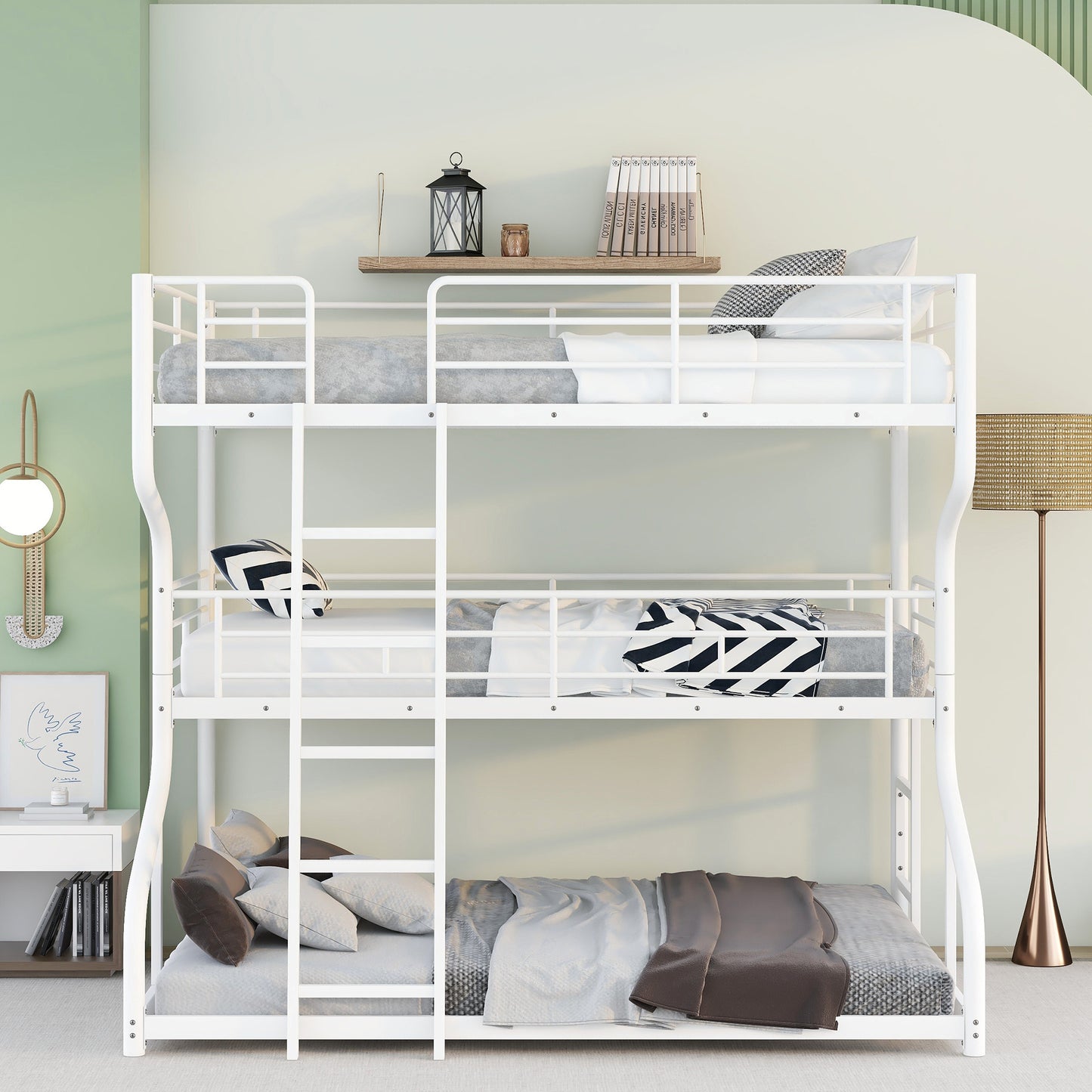 Full XL over Twin XL over Queen Size Triple Bunk Bed with Long and Short Ladder,White