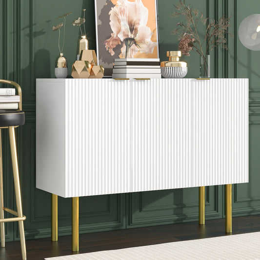 Modern Simple & Luxury Style Sideboard Particle Board & MDF Board Cabinet with Gold Metal Legs & Handles, Adjustable Shelves for Living Room, Dining Room (White)