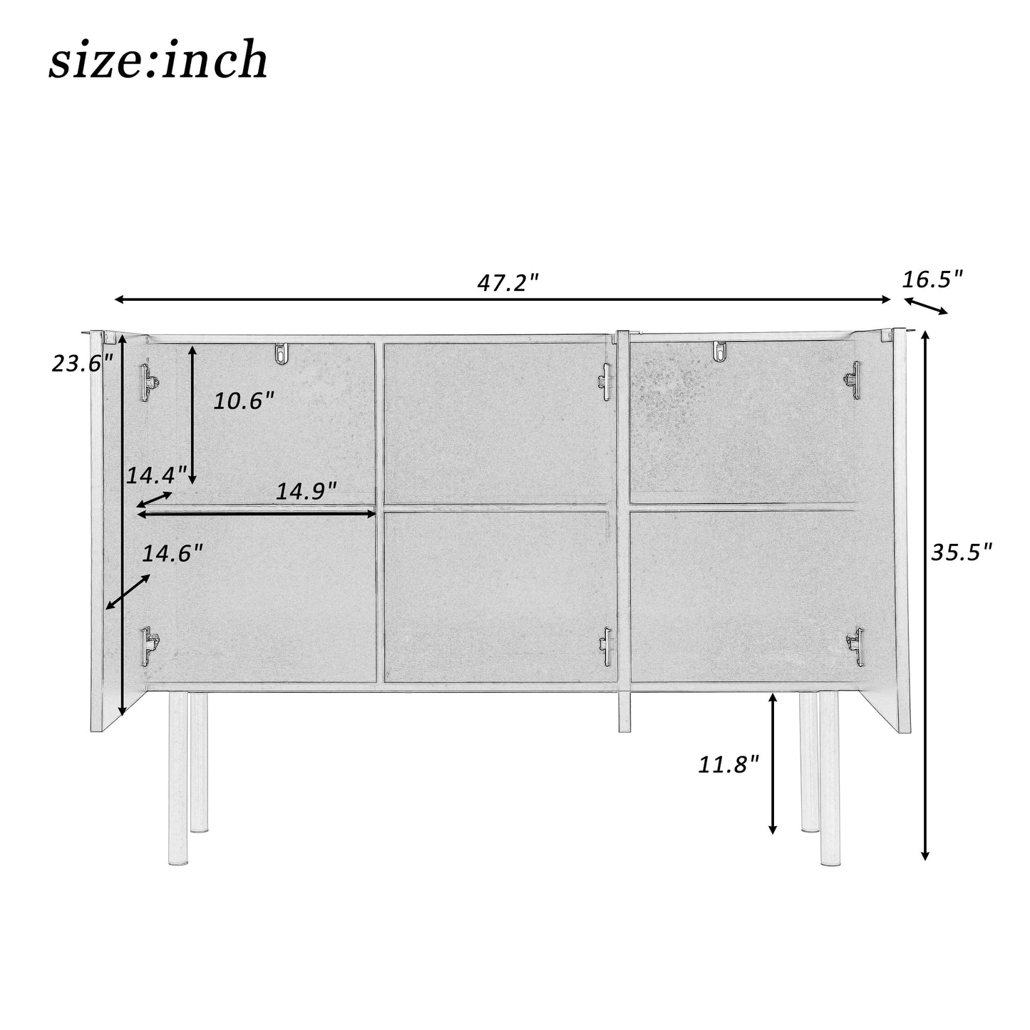 Modern Simple & Luxury Style Sideboard Particle Board & MDF Board Cabinet with Gold Metal Legs & Handles, Adjustable Shelves for Living Room, Dining Room (White)
