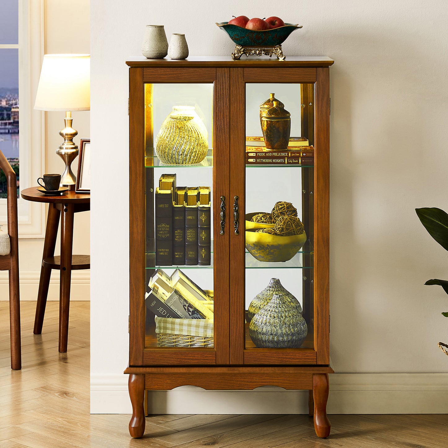 Curio Cabinet Lighted Curio Diapaly Cabinet with Adjustable Shelves and Mirrored Back Panel, Tempered Glass Doors (Oak, 3 Tier), (E26 light bulb not included)