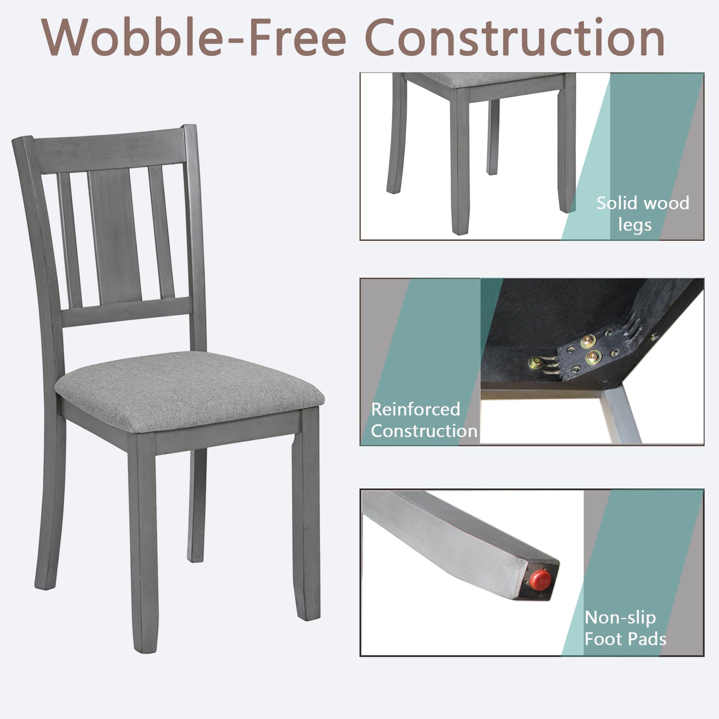 Wooden Dining Chairs Set of 4, Kitchen Chair with Padded Seat, Upholstered Side Chair for Dining Room, Living Room, Gray